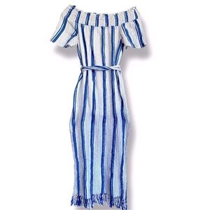 Lost + Wander Striped Off Shoulder Midi Belted Dress XS Boho Coastal Chic Breezy